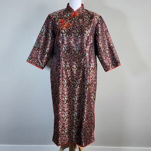 Cheongsam Qipao Dress Womens XL Black Red Brocade Floral Maxi Heavyweight Asian